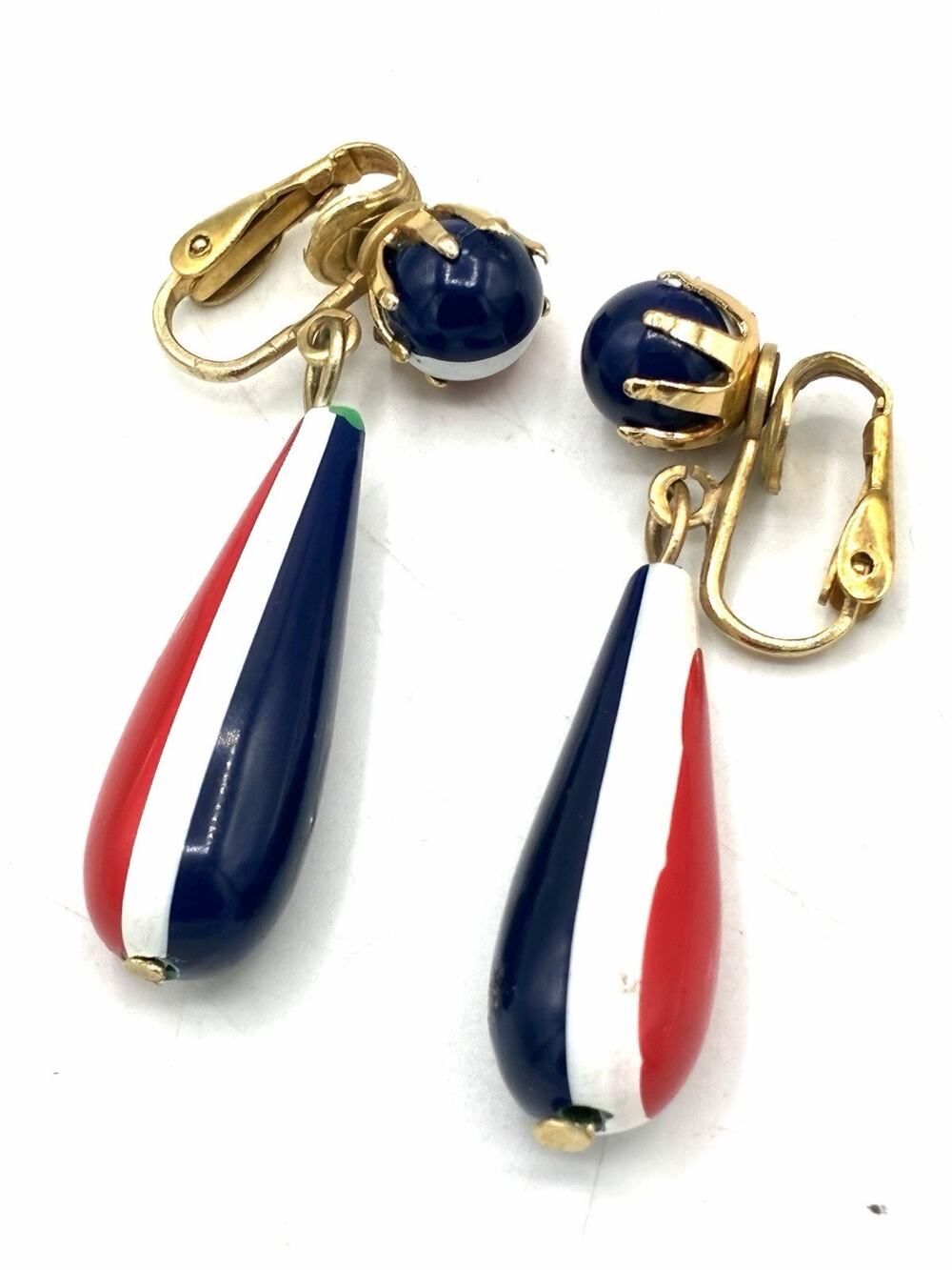 Vintage Hong Kong Red White Blue Dangle Clip Earrings Mod Plastic 2”